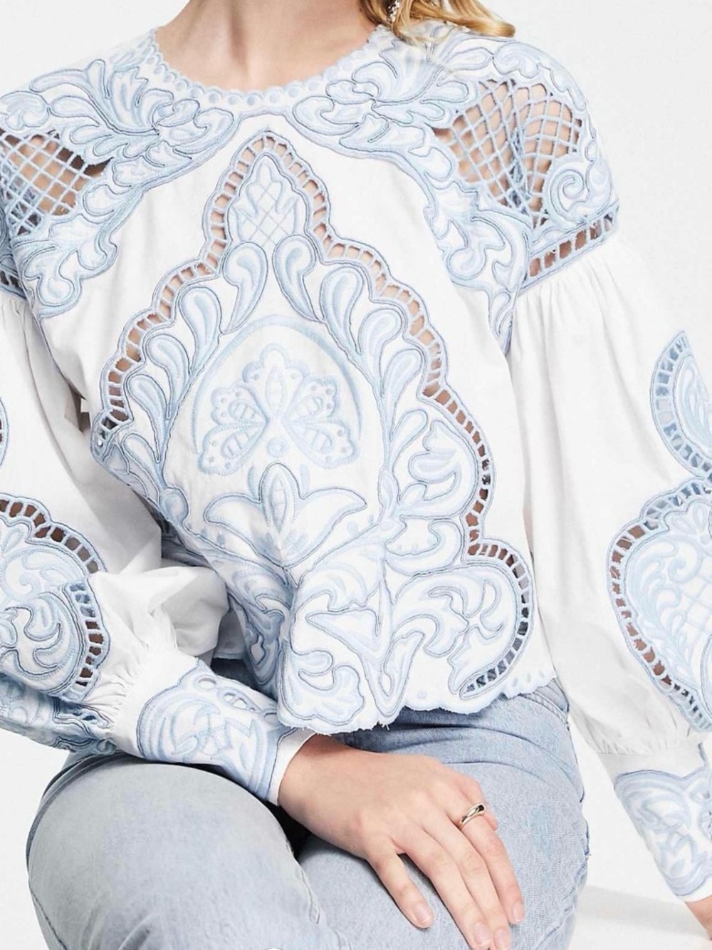 ASOS White Long Sleeve Eyelet Blouse with Pale Blue Embroidery
